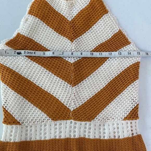 BCBG Sweater Halter Dress in Ivory & Caramel Spice Crochet Knit Stripe Lined - Picture 14 of 16